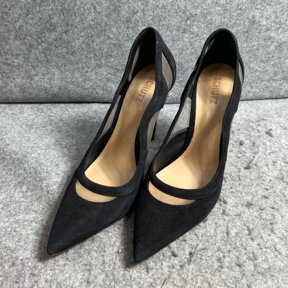 Schutz Poliany Black Suede Mesh Pointed Toe Stiletto Pumps Heels Womens Sz 11 B - Picture 3 of 8